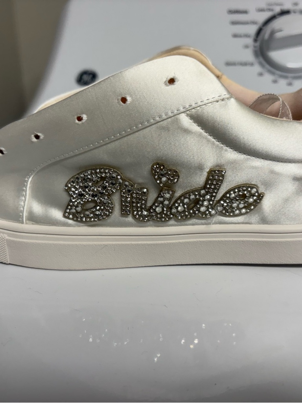 Betsey Johnson Satin White Wedding Sneakers with Bride Crystal Script